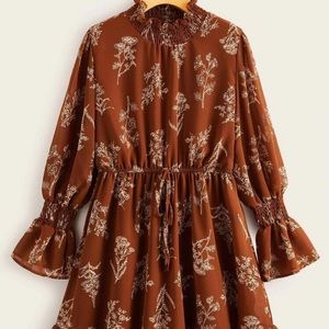 Brown Bell Sleeve Boho Floral Dress